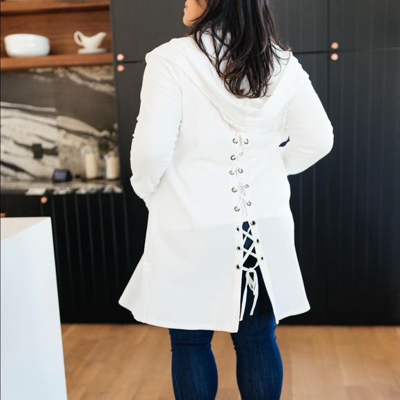 Hooded and Laced Waffle Knit Cardigan in Off White - Picture 3 of 11